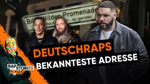 Im Hintergrund ist ein Straßenschild der Billy-Wilder-Promenade zu sehen, im Vordergund sieht man Mr Rap, Farid, Kollegah und Fler