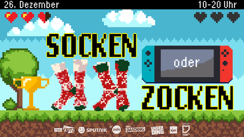 Retro Konsolenbildschirm mit der Aufschrift "Socken oder Zocken" 